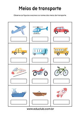 Nomes dos meios de transporte para 1º Ano de Língua Portuguesa, Vocabulário - Material educacional