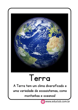 Flashcard do planeta Terra Flashcard do planeta Terra para 3º Ano, 2º Ano, 1º Ano de Ciências, Sistema Solar - Material educacional