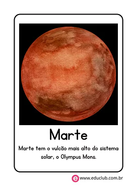Flashcard do planeta Marte Flashcard do planeta Marte para 3º Ano, 2º Ano, 1º Ano de Ciências, Sistema Solar - Material educacional