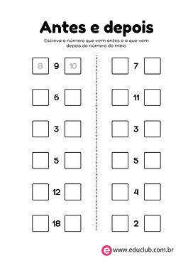 Atividade antes e depois Atividade antes e depois para 2º Ano, 1º Ano de Números, Matemática - Material educacional