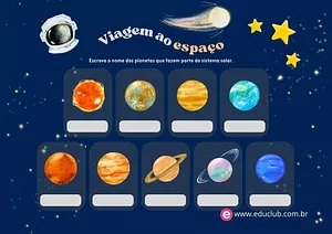 Complete com os nomes dos planetas e do Sol