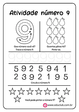 Atividade com número 9 Atividade com número 9 para 1º Ano de Números, Matemática - Material educacional