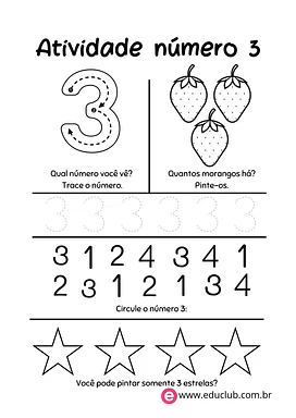 Atividade com número 3 para 1º Ano de Números, Matemática - Material educacional