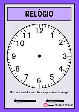 Molde de relógio analógico para 4º Ano, 3º Ano, 2º Ano de Matemática, Hora - Material educacional