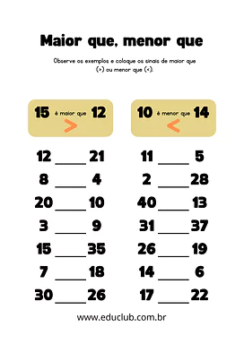 Atividade maior que menor que Atividade maior que menor que para 2º Ano, 1º Ano de Números, Matemática - Material educacional