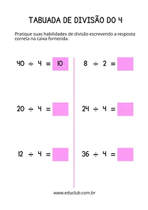 Tabuada de divisão do 4
