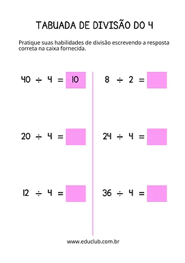 Tabuada de divisão do 4 Tabuada de divisão do 4 para 5º Ano, 4º Ano, 3º Ano, 2º Ano de Operações básicas, Matemática, Tabuada - Material educacional