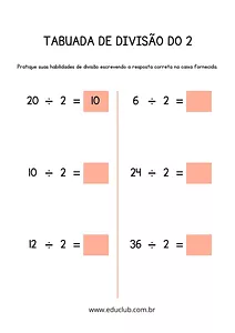 Tabuada de divisão do 2