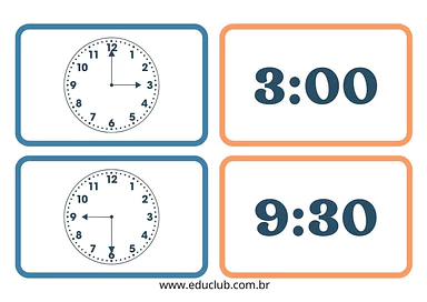 Cartões de pareamento das horas para 3º Ano, 2º Ano de Hora - Material educacional