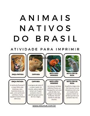 Atividade sobre animais nativos do Brasil Atividade sobre animais nativos do Brasil para 3º Ano, 2º Ano, 1º Ano, Pré-Escola de Ciências, Seres Vivos - Material educ...