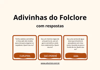 Adivinhas do Folclore Brasileiro para imprimir e brincar Adivinhas do Folclore Brasileiro para imprimir e brincar para 5º Ano, 4º Ano, 3º Ano, 2º Ano, 1º Ano de Brincadeiras, Adiv...