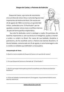 Atividade Dia do Soldado 5 ano: conhecendo Duque de Caxias para 5º Ano de Datas Comemorativas, História, Língua Portuguesa...