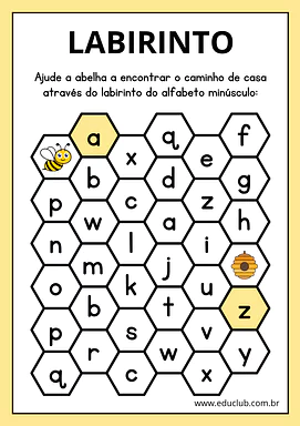 Labirinto do alfabeto na colmeia: uma atividade divertida com abelhas Labirinto do alfabeto na colmeia: uma atividade divertida com abelhas para 2º Ano, 1º Ano, Pré-Escola de Língua Portuguesa...