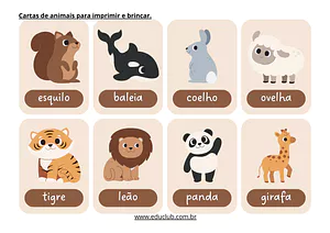 Cartas de animais para imprimir e brincar