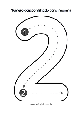 Número 2 pontilhado para imprimir para Creche, Pré-Escola, 1º Ano, 2º Ano de Números, Matemática - Material educacional
