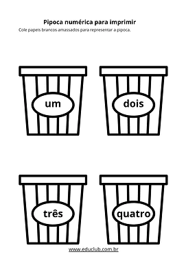 Pipoca numérica para imprimir para Creche, Pré-Escola, 1º Ano, 2º Ano de Língua Portuguesa, Números - Material educacional