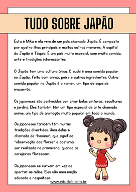 Atividades sobre o Japão para Educação Infantil e Fundamental para 3º Ano, 4º Ano, 5º Ano de Geografia, Ásia - Material ed...