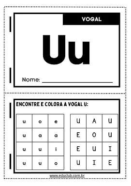 Atividade vogal U para imprimir para Pré-Escola, 1º Ano, 2º Ano de Língua Portuguesa, Vogais, Alfabetização - Material edu...