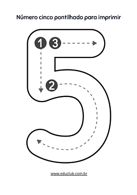 Número 5 pontilhado para imprimir Número 5 pontilhado para imprimir para Creche, Pré-Escola, 1º Ano, 2º Ano de Números, Matemática - Material educacional