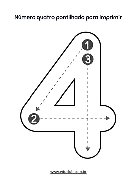 Número 4 pontilhado para imprimir para Creche, Pré-Escola, 1º Ano, 2º Ano de Números, Matemática - Material educacional