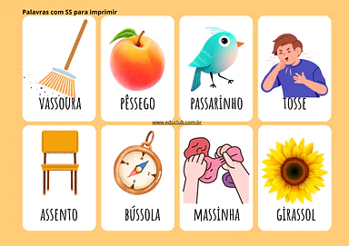 Palavras com SS para imprimir para 1º Ano, 2º Ano, 3º Ano, 4º Ano, 5º Ano de Língua Portuguesa, Vocabulário, Alfabetização...