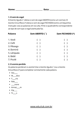 Atividade de acento agudo e circunflexo Atividade de acento agudo e circunflexo para 1º Ano, 2º Ano, 3º Ano, 4º Ano, 5º Ano de Língua Portuguesa, Acentuação - Mat...