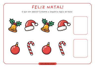 Atividade de sequência lógica dos enfeites de Natal para Educação Infantil, 1º Ano, 2º Ano de Natal, Datas Comemorativas, ...