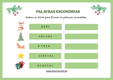 Palavras escondidas natalinas para 1º Ano, 2º Ano de Vocabulário, Português, Natal, Datas Comemorativas - Material educaci...