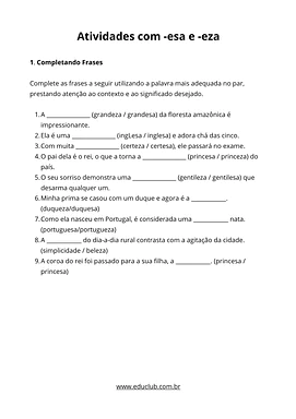 Atividades com ESA e EZA para 4 ano para 4º Ano de Ortografia, Português - Material educacional