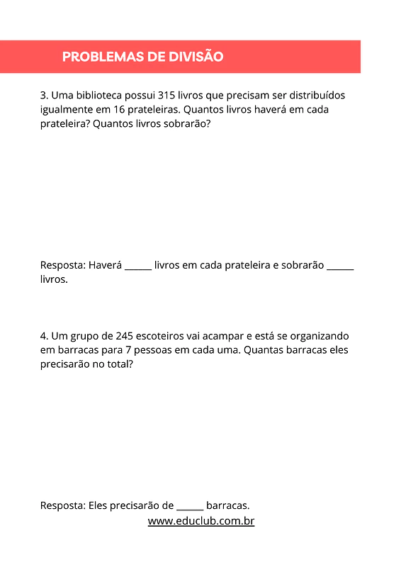 Problemas de divisão para 4 ano | Educlub