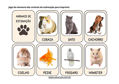 Jogo da memoria animais de estimação para imprimir para Creche, Pré-Escola, 1º Ano, 2º Ano, 3º Ano, 4º Ano, 5º Ano de Ciên...