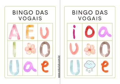 Bingo das vogais para imprimir para Creche, Pré-Escola, 1º Ano, 2º Ano de Jogos, Bingo - Material educacional