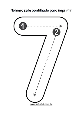 Número 7 pontilhado para imprimir para Creche, Pré-Escola, 1º Ano, 2º Ano de Números, Matemática - Material educacional