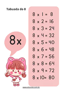 Tabuada do 8 para imprimir