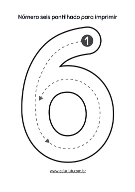 Número 6 pontilhado para imprimir para Creche, Pré-Escola, 1º Ano, 2º Ano, 3º Ano, 4º Ano, 5º Ano de Números, Matemática -...