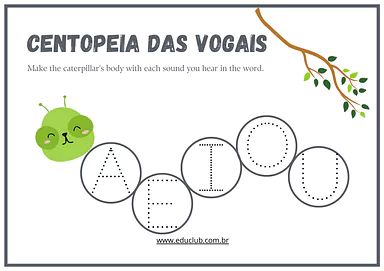 Centopeia das vogais para imprimir: uma atividade divertida para alfabetização para Pré-Escola, 1º Ano, 2º Ano de Língua P...