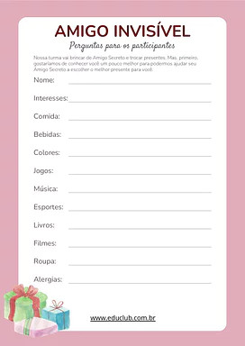 Amigo invisível para imprimir para Educação Infantil, 1º Ano, 2º Ano, 3º Ano, 4º Ano, 5º Ano de Natal, Datas Comemorativas...