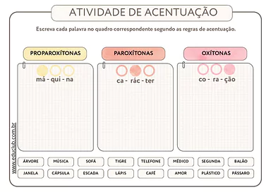Atividade de acentuação para imprimir para 3º Ano, 4º Ano, 5º Ano de Português, Acentuação - Material educacional