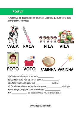 Atividades para diferenciar F ou V para 1º Ano, 2º Ano, 3º Ano de Português, Alfabetização, Ortografia, Consciência Fonoló...