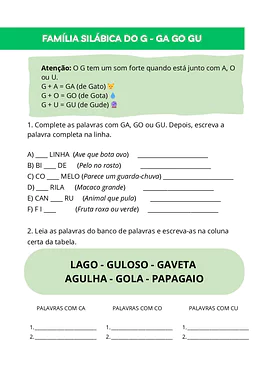 Atividades com família silábica do G - GA GO GU para 1º Ano, 2º Ano de Gramática, Sílabas, Português, Alfabetização - Mate...