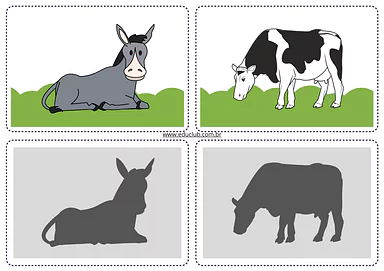 Sombras dos animais da fazendinha para pareamento para Educação Infantil, 1º Ano de Habilidades Perceptivas, Atenção e Con...