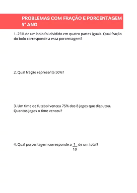 Problemas com fração e porcentagem para 5º ano com gabarito para 5º Ano de Matemática, Frações - Material educacional