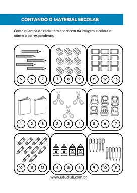Contando o material escolar para Educação Infantil, 1º Ano de Números, Atenção e Concentração, Matemática, Volta às Aulas ...