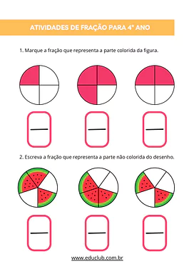 Atividades de fração para 4º ano do ensino fudamental para 4º Ano de Matemática, Frações - Material educacional