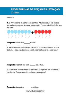 Probleminhas de adição e subtração com resultados até 20 para 2º Ano de Matemática - Material educacional