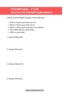 Atividades de porcentagem para 5º ano do Ensino Fudamental para 5º Ano de Matemática - Material educacional