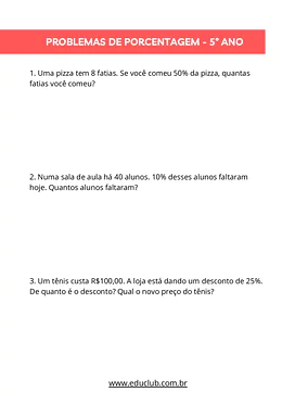 Problemas de porcentagem para 5º ano com gabarito para 5º Ano de Operações básicas, Conceitos Matemáticos, Matemática, Pro...