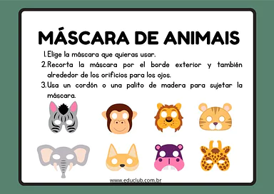 Máscara de animais para imprimir para Educação Infantil, 1º Ano, 2º Ano de Animais, Artes - Material educacional