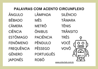 Lista de palavras com acento circunflexo para anos iniciais para 1º Ano, 2º Ano, 3º Ano, 4º Ano, 5º Ano de Português, Alfa...