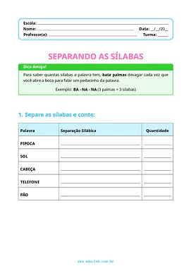 Atividades de separação de sílabas para imprimir para 1º Ano, 2º Ano, 3º Ano de Sílabas, Português, Alfabetização - Materi...